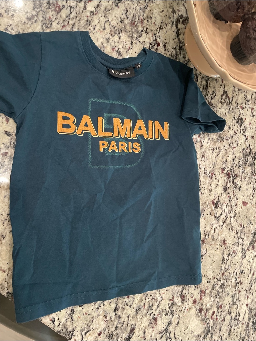 Balmain Kids Teal Blue Tee with Yellow Logo